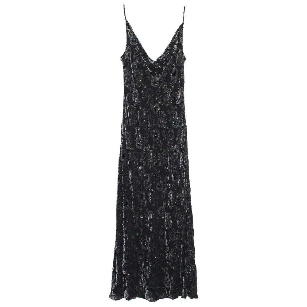 Y2K Velvet Beaded Cowl Neck Slip Dress Maxi Prom Formal Gown Floral Black XS 20s